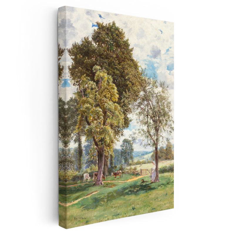 Dikey Kanvas Tablo T.S.C. Ağaç Altı Çiftlik Manzarası İnekler ve Figür Ressam Tablosu Ev Ofis Dekoru