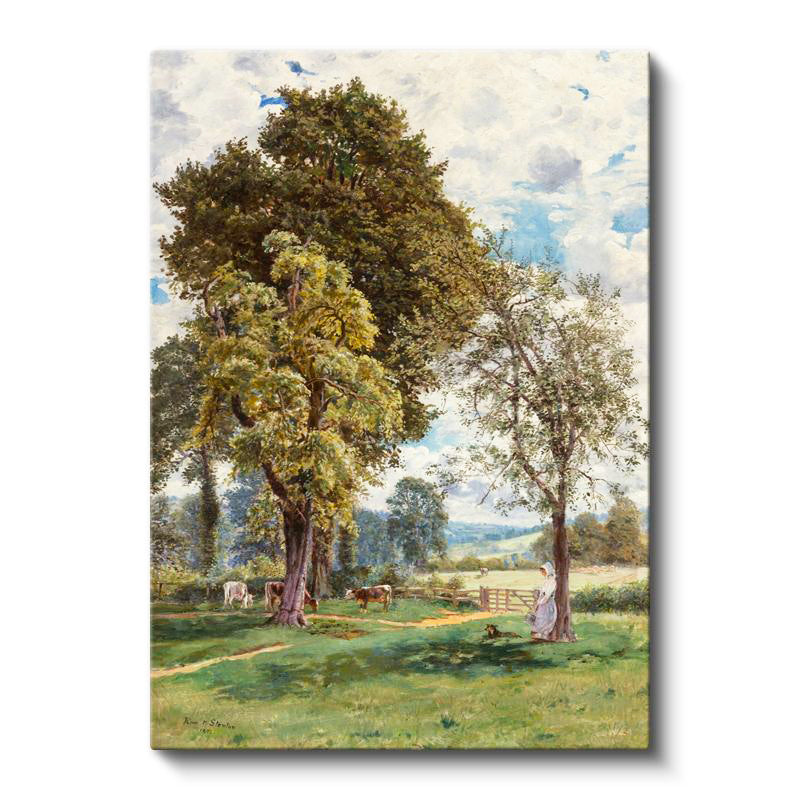 Dikey Kanvas Tablo T.S.C. Ağaç Altı Çiftlik Manzarası İnekler ve Figür Ressam Tablosu Ev Ofis Dekoru