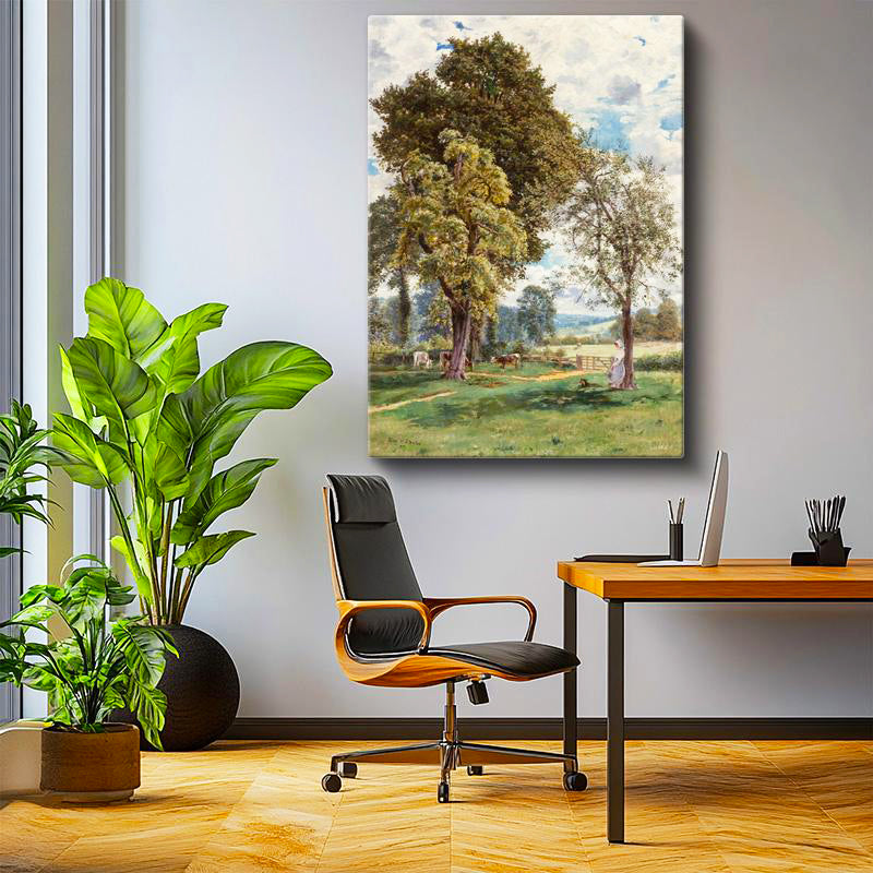 Dikey Kanvas Tablo T.S.C. Ağaç Altı Çiftlik Manzarası İnekler ve Figür Ressam Tablosu Ev Ofis Dekoru