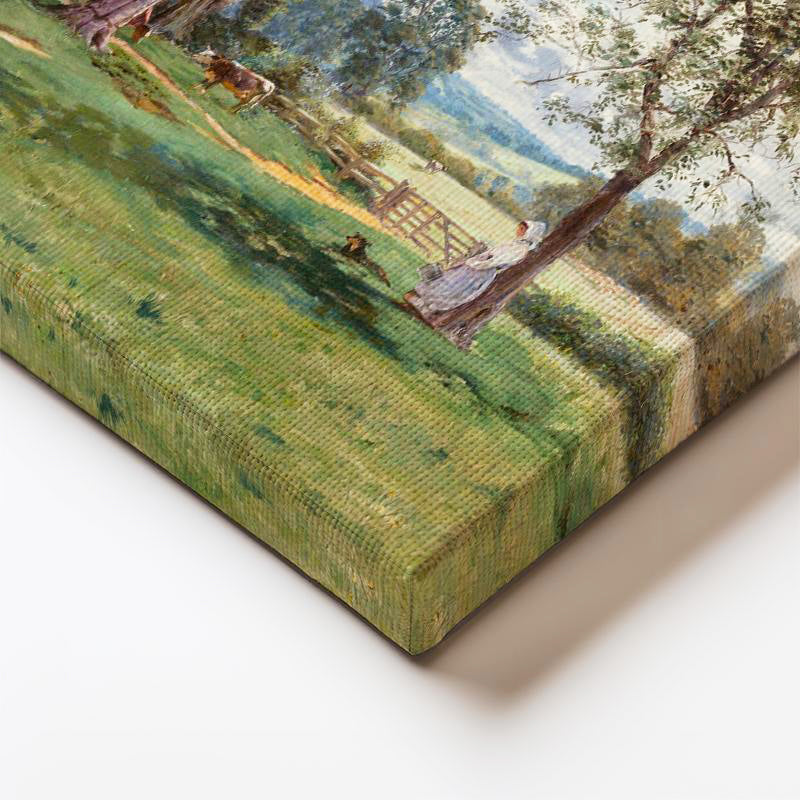 Dikey Kanvas Tablo T.S.C. Ağaç Altı Çiftlik Manzarası İnekler ve Figür Ressam Tablosu Ev Ofis Dekoru