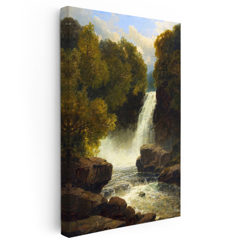 Dikey Kanvas Tablo R.L.R. Orman İçi Çağlayan Şelale Kayalık Zemin Gündüz Ressam Tablosu Duvar Dekoru