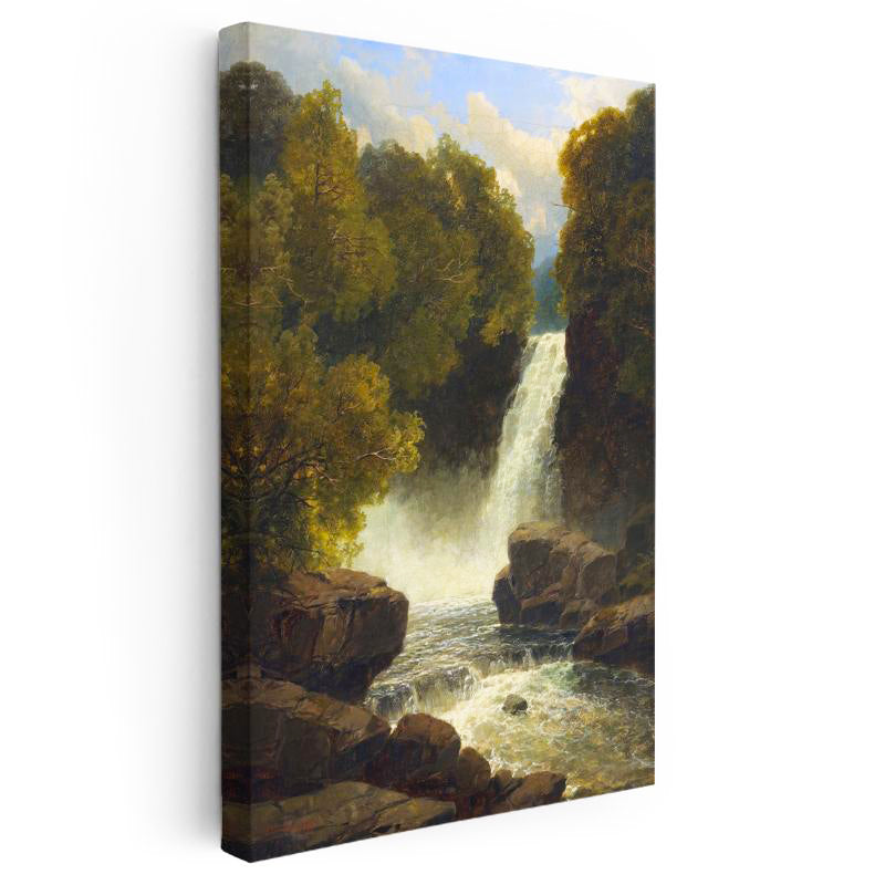 Dikey Kanvas Tablo R.L.R. Orman İçi Çağlayan Şelale Kayalık Zemin Gündüz Ressam Tablosu Duvar Dekoru