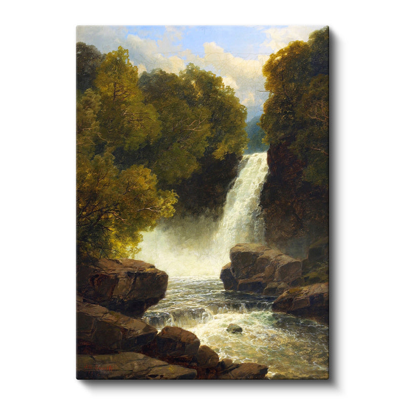 Dikey Kanvas Tablo R.L.R. Orman İçi Çağlayan Şelale Kayalık Zemin Gündüz Ressam Tablosu Duvar Dekoru