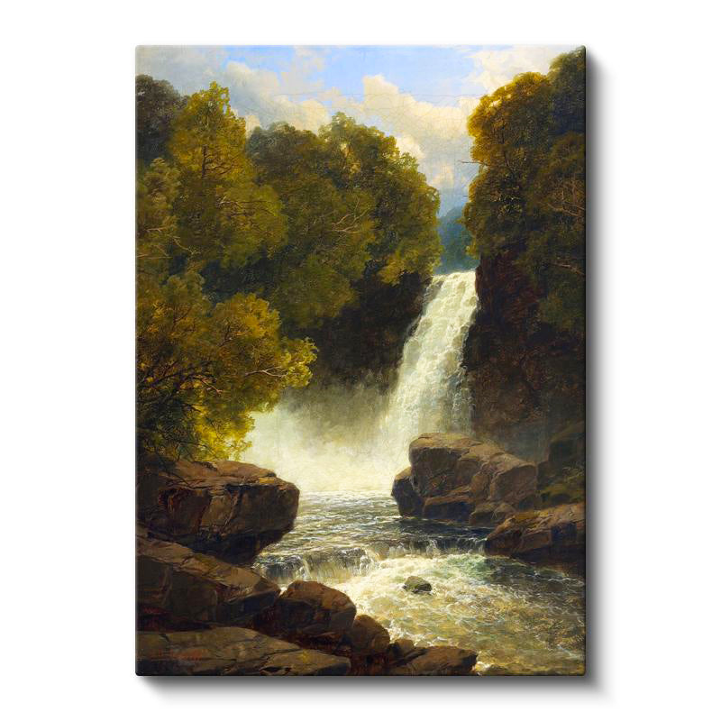 Dikey Kanvas Tablo R.L.R. Orman İçi Çağlayan Şelale Kayalık Zemin Gündüz Ressam Tablosu Duvar Dekoru