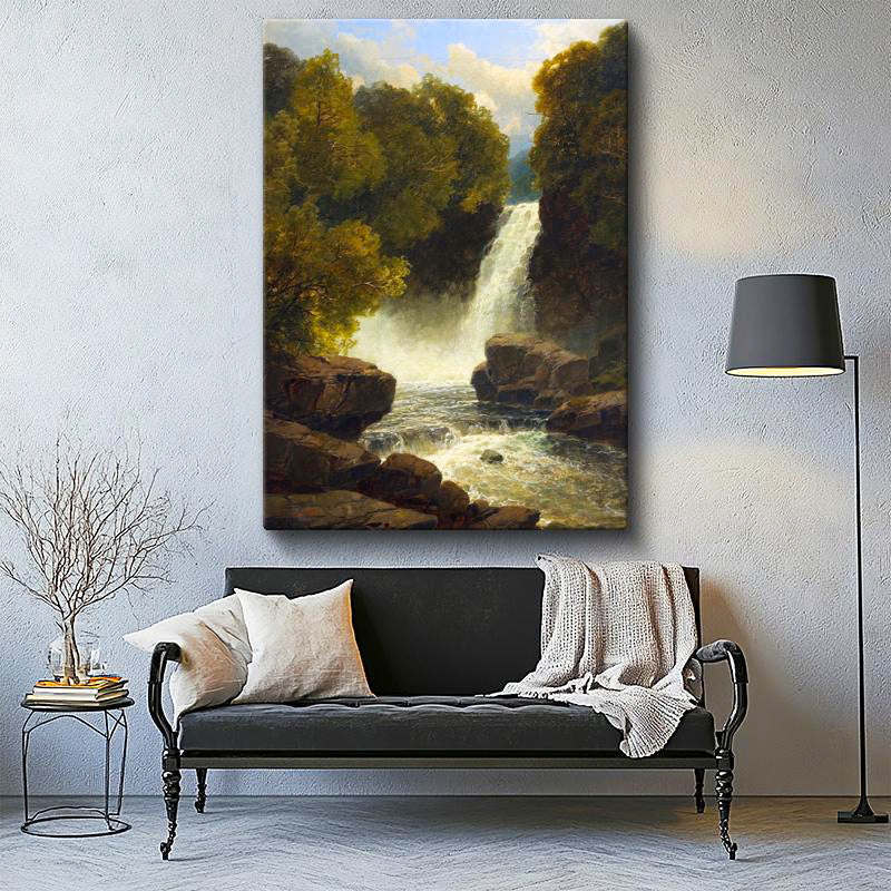 Dikey Kanvas Tablo R.L.R. Orman İçi Çağlayan Şelale Kayalık Zemin Gündüz Ressam Tablosu Duvar Dekoru