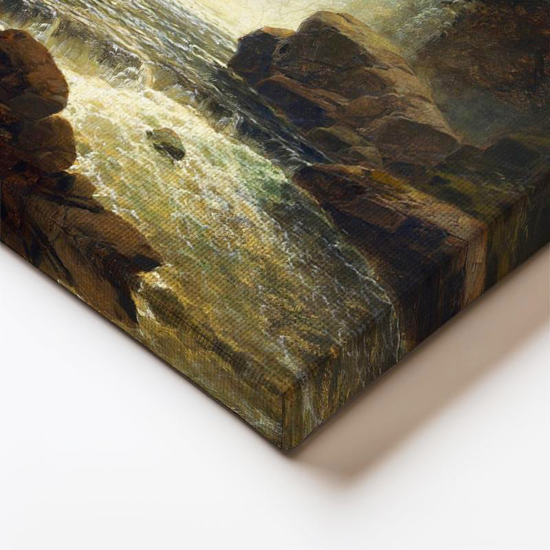 Dikey Kanvas Tablo R.L.R. Orman İçi Çağlayan Şelale Kayalık Zemin Gündüz Ressam Tablosu Duvar Dekoru