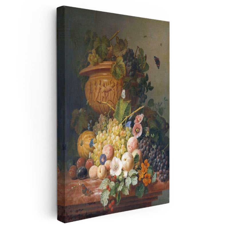 Dikey Kanvas Tablo J.L.R. Meyve ve Çiçekler Vazoda Böcekli Natürmort Ressam Tablosu Ev Ofis Dekoru
