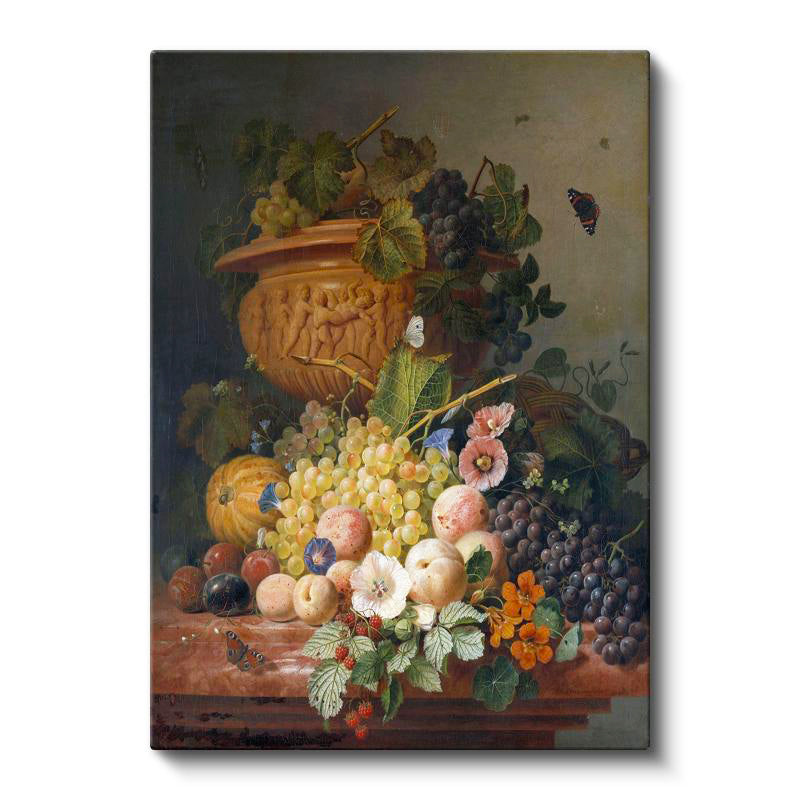 Dikey Kanvas Tablo J.L.R. Meyve ve Çiçekler Vazoda Böcekli Natürmort Ressam Tablosu Ev Ofis Dekoru