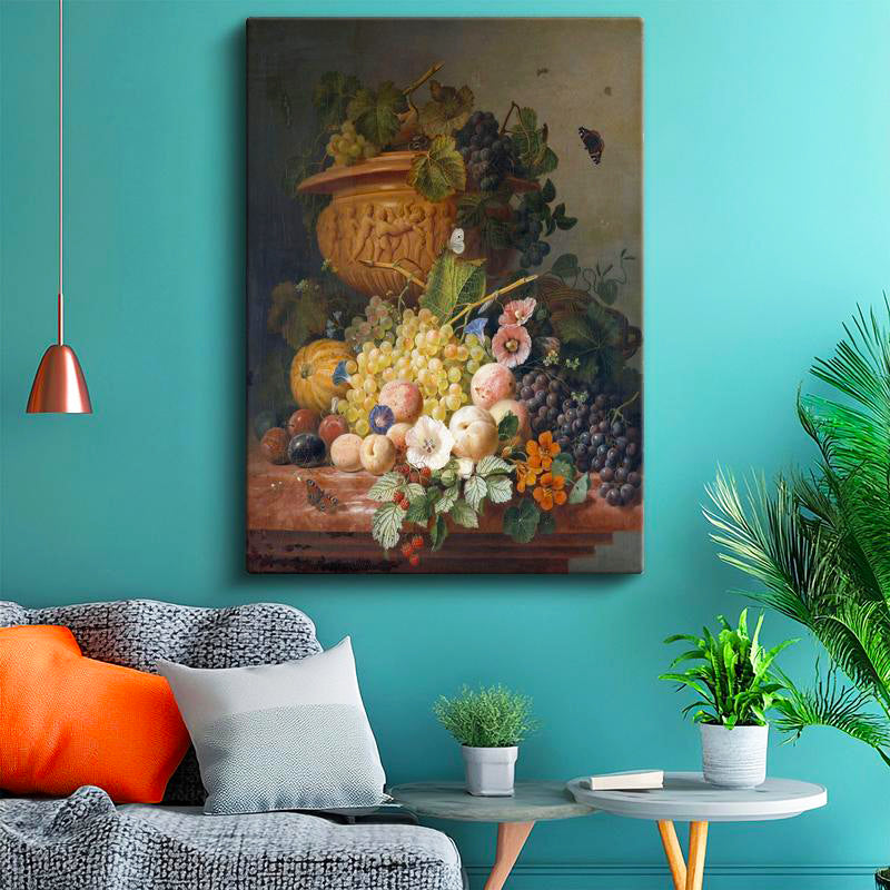 Dikey Kanvas Tablo J.L.R. Meyve ve Çiçekler Vazoda Böcekli Natürmort Ressam Tablosu Ev Ofis Dekoru