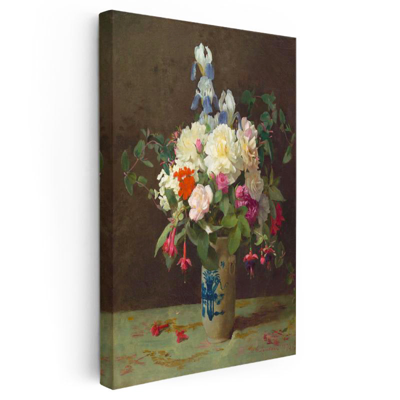 Dikey Kanvas Tablo M.C.J. Vazoda İris ve Şakayık Çiçekleri Masa Üstü Ressam Tablosu Ev Ofis Dekoru
