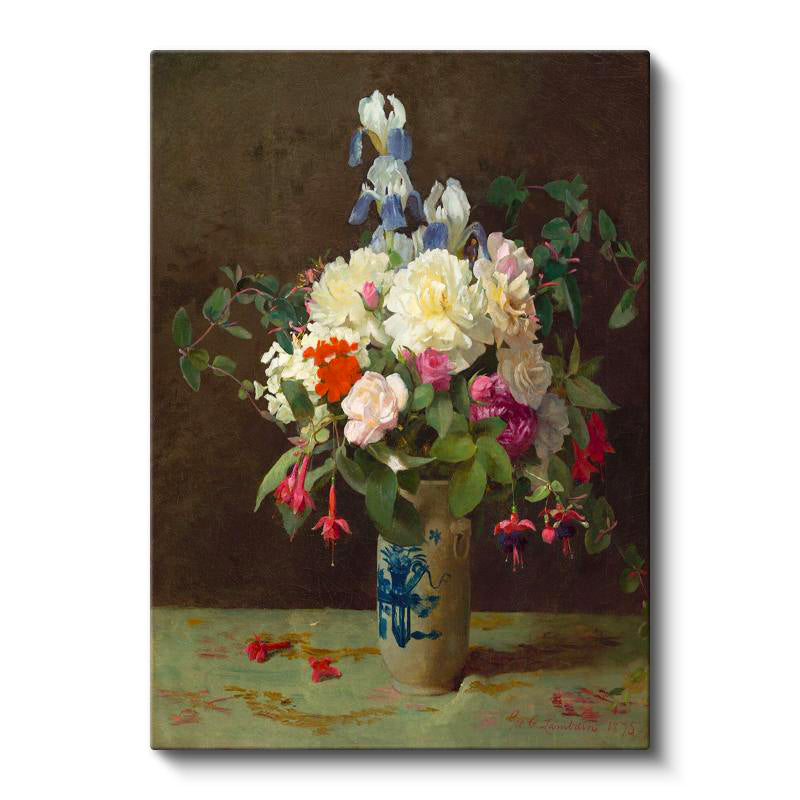 Dikey Kanvas Tablo M.C.J. Vazoda İris ve Şakayık Çiçekleri Masa Üstü Ressam Tablosu Ev Ofis Dekoru
