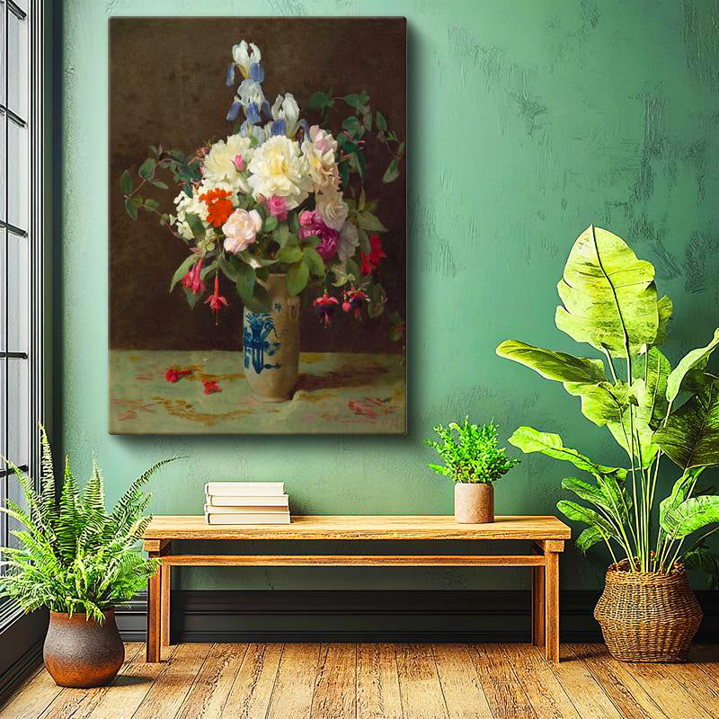 Dikey Kanvas Tablo M.C.J. Vazoda İris ve Şakayık Çiçekleri Masa Üstü Ressam Tablosu Ev Ofis Dekoru