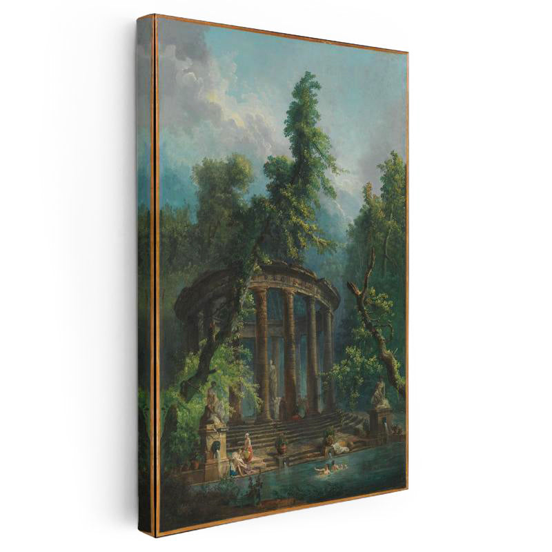 Dikey Kanvas Tablo Hubert Robert Antik Tapınak Figürlü Göl Manzarası Ressam Tablosu Ev Ofis Dekoru