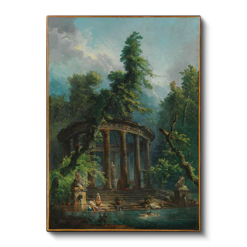 Dikey Kanvas Tablo Hubert Robert Antik Tapınak Figürlü Göl Manzarası Ressam Tablosu Ev Ofis Dekoru