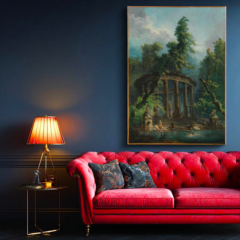 Dikey Kanvas Tablo Hubert Robert Antik Tapınak Figürlü Göl Manzarası Ressam Tablosu Ev Ofis Dekoru