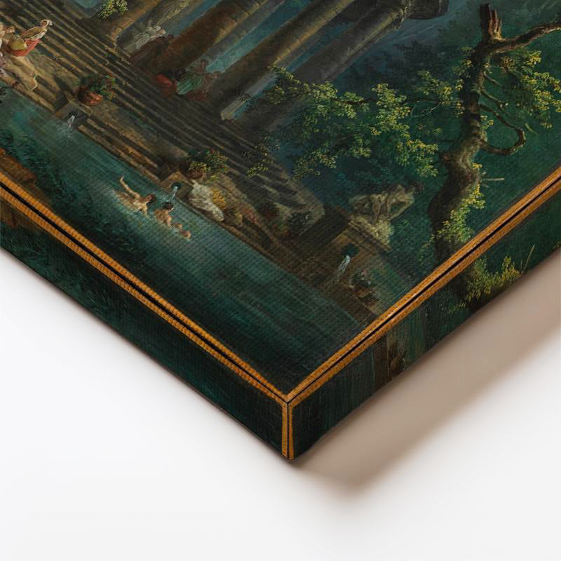 Dikey Kanvas Tablo Hubert Robert Antik Tapınak Figürlü Göl Manzarası Ressam Tablosu Ev Ofis Dekoru