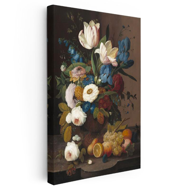 Dikey Kanvas Tablo Severin Roesen Lale ve Meyve Tabağı Beyaz Gül Detayı Ressam Tablosu Duvar Dekoru