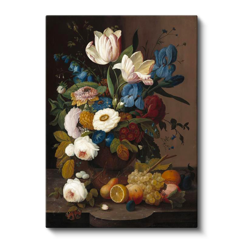 Dikey Kanvas Tablo Severin Roesen Lale ve Meyve Tabağı Beyaz Gül Detayı Ressam Tablosu Duvar Dekoru