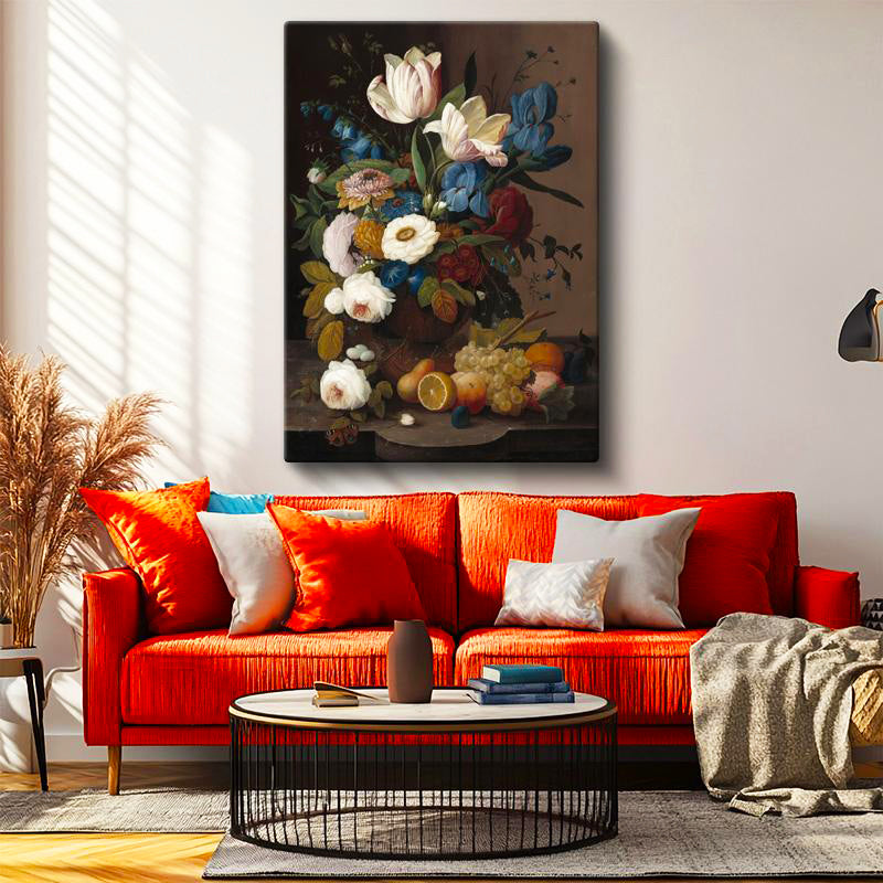 Dikey Kanvas Tablo Severin Roesen Lale ve Meyve Tabağı Beyaz Gül Detayı Ressam Tablosu Duvar Dekoru