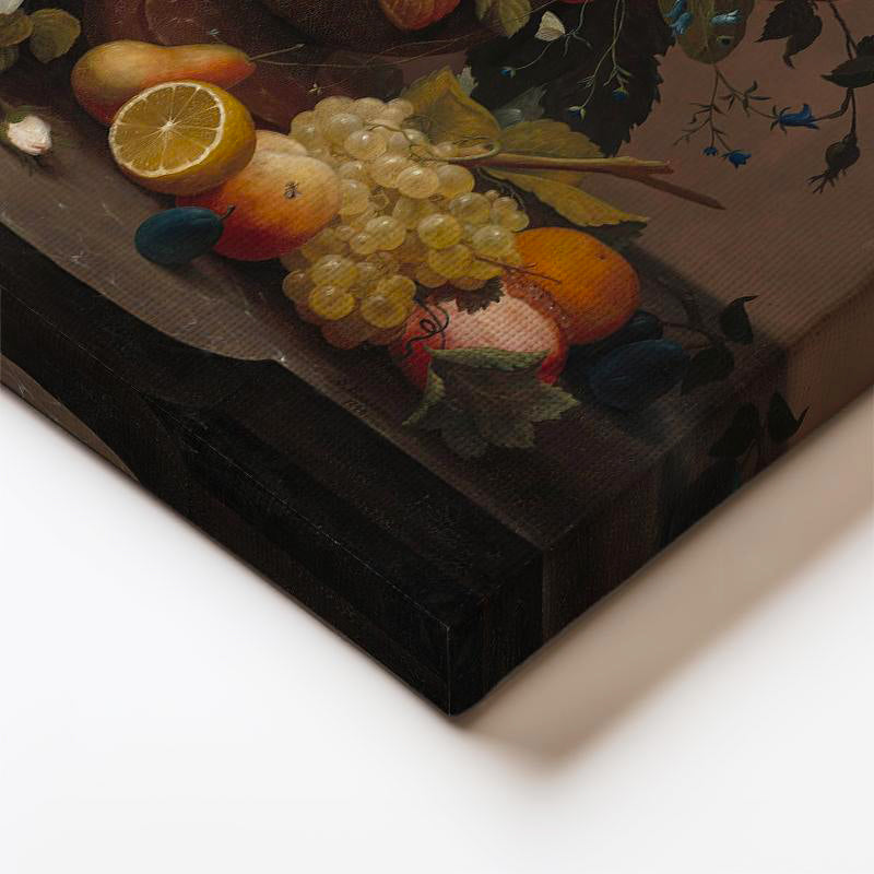 Dikey Kanvas Tablo Severin Roesen Lale ve Meyve Tabağı Beyaz Gül Detayı Ressam Tablosu Duvar Dekoru