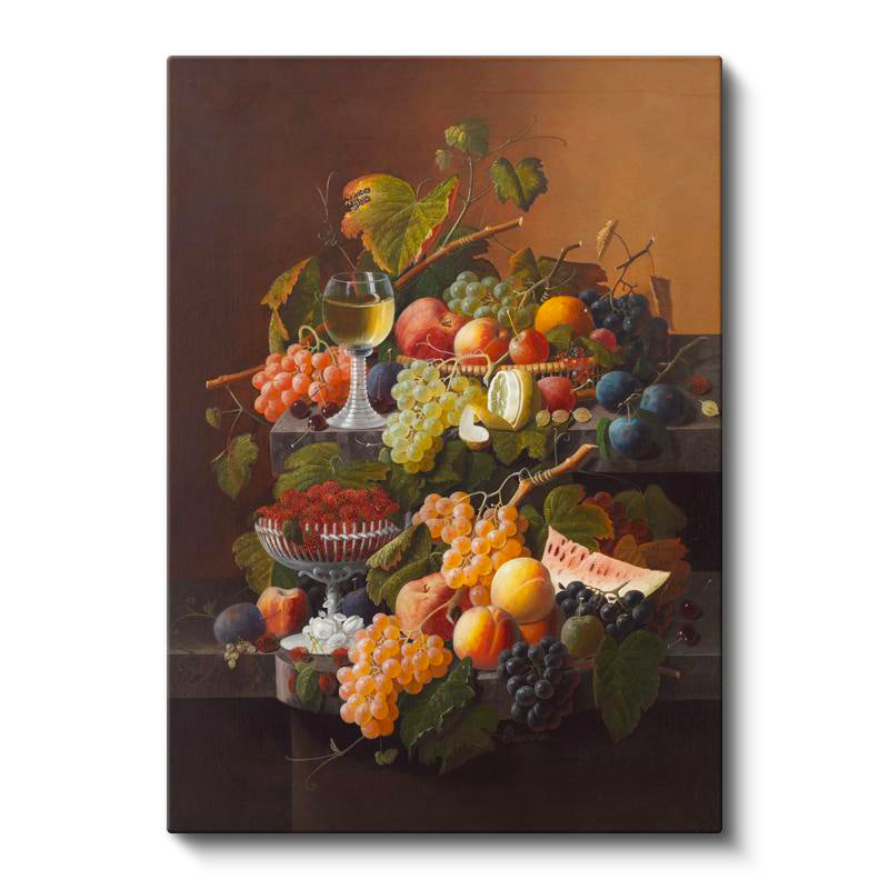 Dikey Kanvas Tablo Severin Roesen Beyaz Şaraplı Kadeh Çilek Üzüm Ressam Tablosu Ev Ofis Dekoru