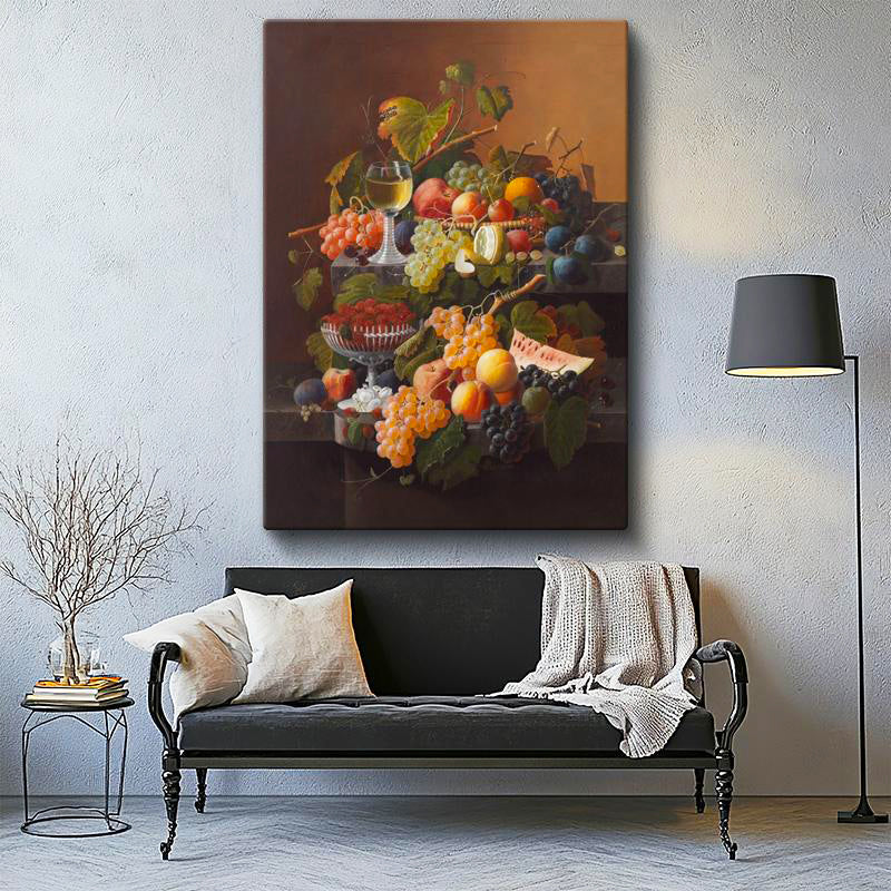 Dikey Kanvas Tablo Severin Roesen Beyaz Şaraplı Kadeh Çilek Üzüm Ressam Tablosu Ev Ofis Dekoru