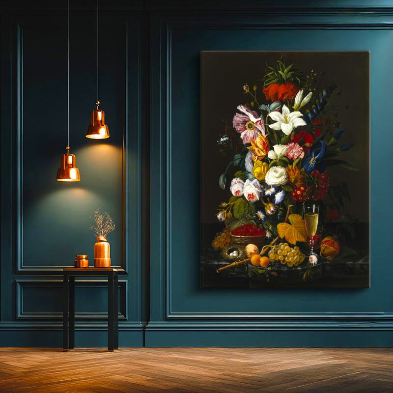 Dikey Kanvas Tablo Severin Roesen Şampanya Kadehi Kuş Yumurtası Çiçek Ressam Tablosu Ev Ofis Dekoru