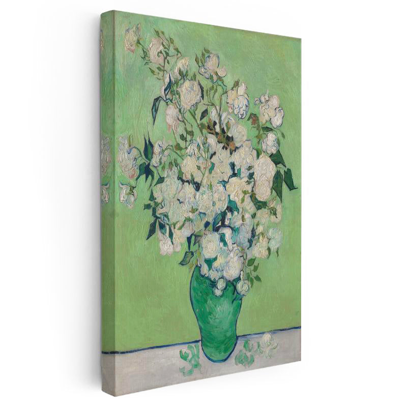 Dikey Kanvas Tablo Vincent van Gogh Beyaz Güller ve Yeşil Vazo Zemin Ressam Tablosu Ev Ofis Dekoru