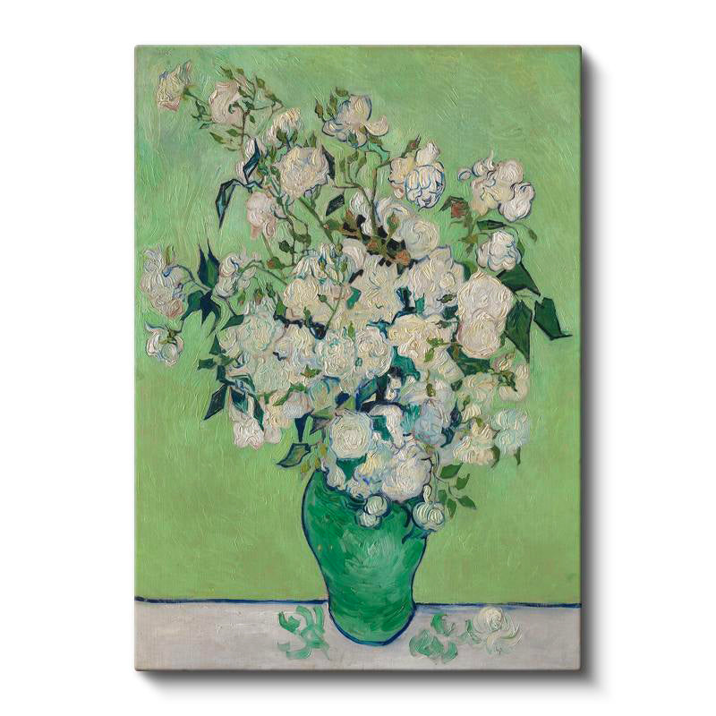 Dikey Kanvas Tablo Vincent van Gogh Beyaz Güller ve Yeşil Vazo Zemin Ressam Tablosu Ev Ofis Dekoru