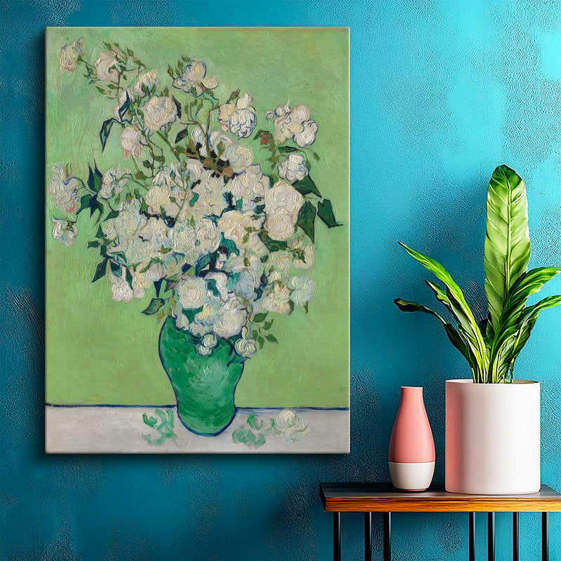 Dikey Kanvas Tablo Vincent van Gogh Beyaz Güller ve Yeşil Vazo Zemin Ressam Tablosu Ev Ofis Dekoru