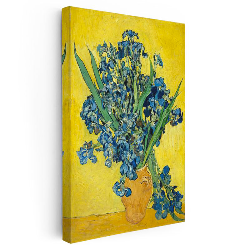 Dikey Kanvas Tablo Vincent van Gogh Mavi İrisler Sarı Fonlu Vazo Ressam Tablosu Ev Ofis Dekoru