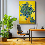 Dikey Kanvas Tablo Vincent van Gogh Mavi İrisler Sarı Fonlu Vazo Ressam Tablosu Ev Ofis Dekoru