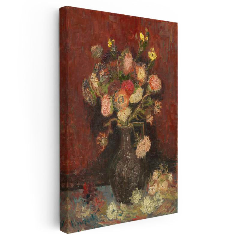 Dikey Kanvas Tablo Vincent van Gogh Vazoda Pembe Kırmızı Çiçek Ressam Tablosu Ev Ofis Duvar Dekoru