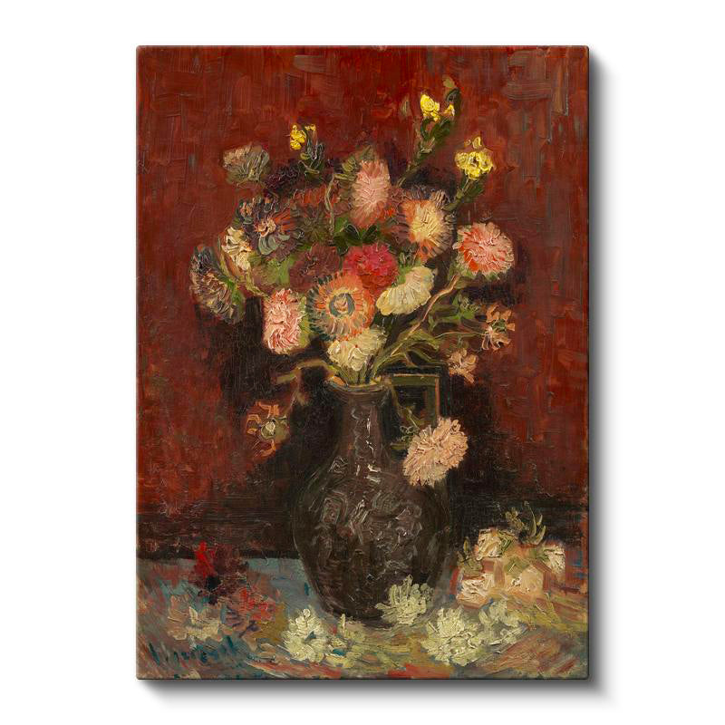 Dikey Kanvas Tablo Vincent van Gogh Vazoda Pembe Kırmızı Çiçek Ressam Tablosu Ev Ofis Duvar Dekoru