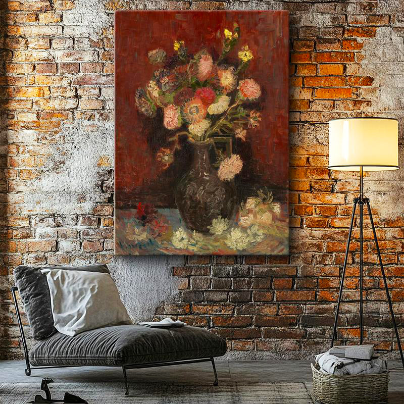 Dikey Kanvas Tablo Vincent van Gogh Vazoda Pembe Kırmızı Çiçek Ressam Tablosu Ev Ofis Duvar Dekoru