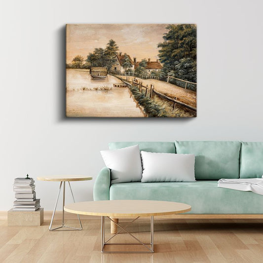 William Callow - Kır Evi ve Nehir Manzarası Kanvas Tablo