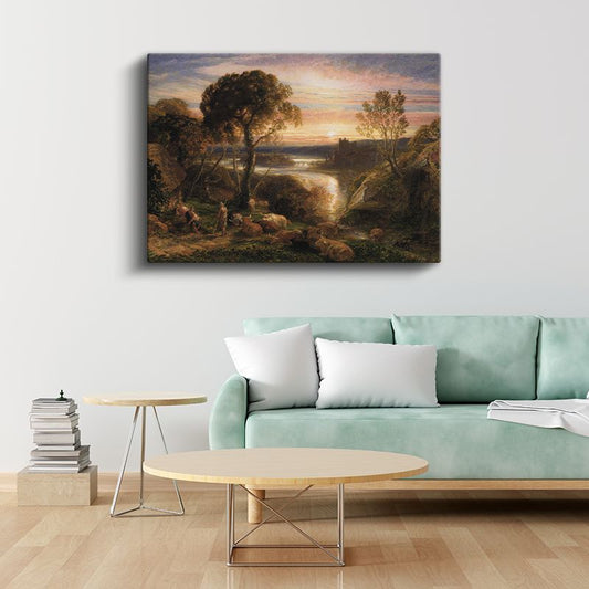 Samuel Palmer - Gün Batımında Pastoral Manzara Kanvas Tablo