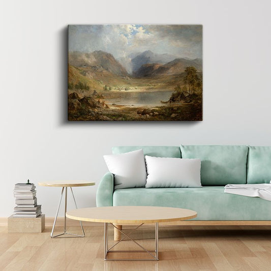 Thomas Moran - Dağlık Vadide Göl Manzarası Kanvas Tablo