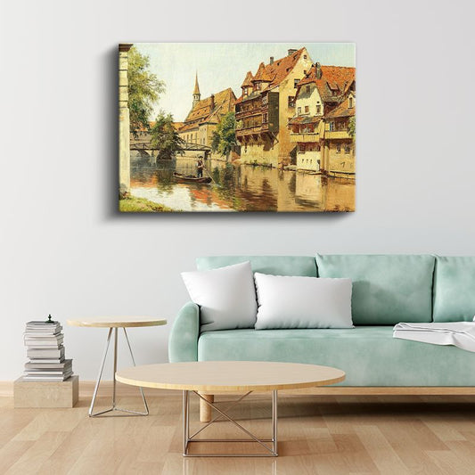 Carl Spitzweg - Nehir Kenarında Tarihi Evler Kanvas Tablo