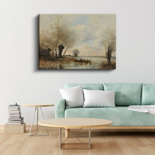 Jean-Baptiste-Camille Corot - Göl Kenarında Tekne Kanvas Tablo