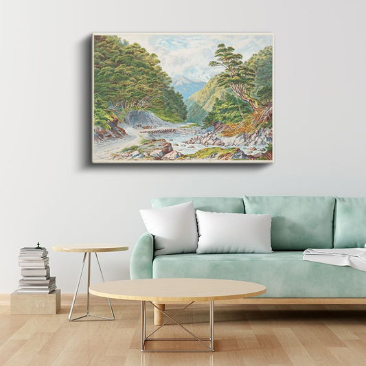 William Charles Piguenit - Dağ Nehri Manzarası Kanvas Tablo