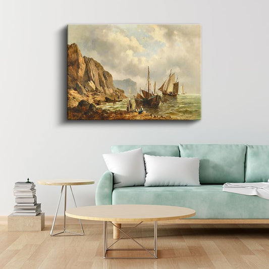Andreas Achenbach - Kayalık Sahilde Tekneler Kanvas Tablo