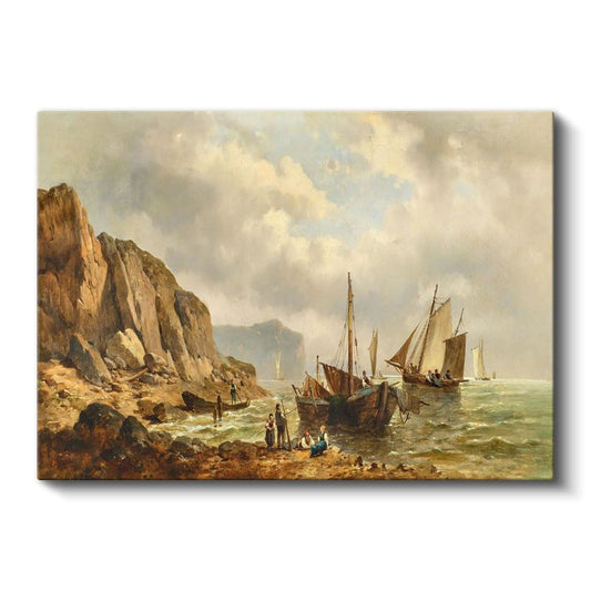 Andreas Achenbach - Kayalık Sahilde Tekneler Kanvas Tablo
