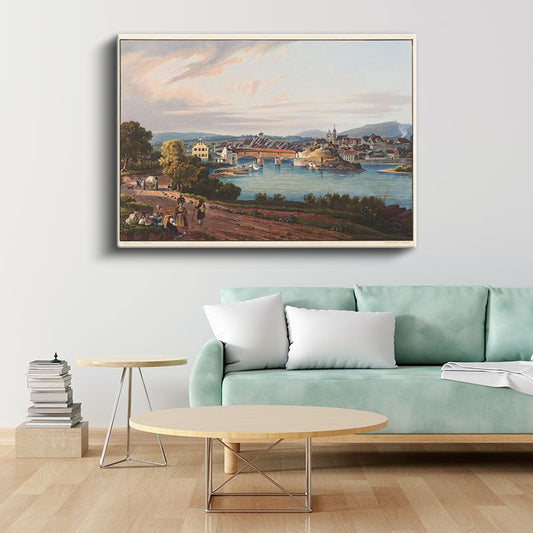 Johann Ludwig Bleuler - Nehir Kıyısında Köy Manzarası Kanvas Tablo