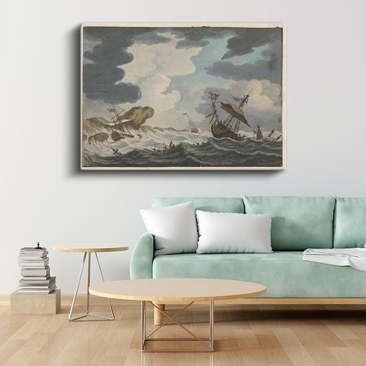 Willem van de Velde - Fırtınada Gemiler Kanvas Tablo