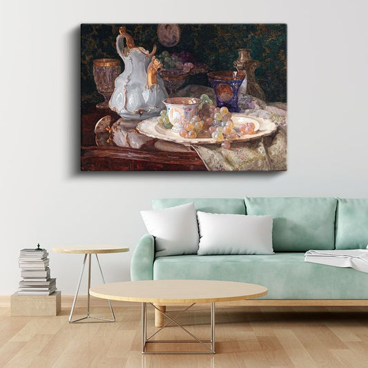 Jean-Baptiste-Siméon Chardin - Porselen ve Üzümler Natürmortu Kanvas Tablo