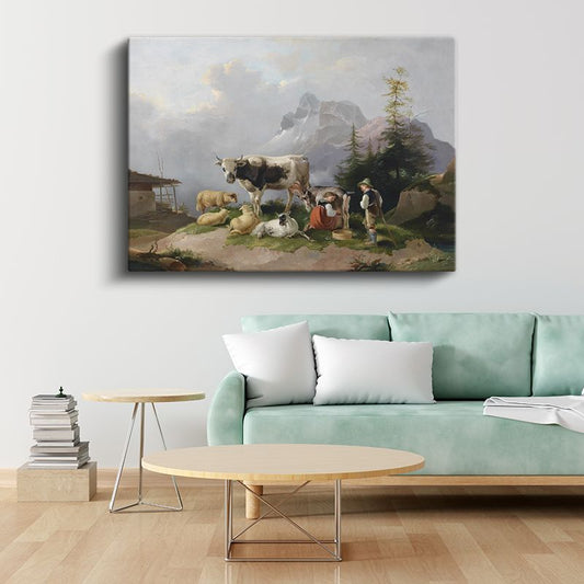 Friedrich Gauermann - Alp Dağlarında Çobanlar ve Sürü Kanvas Tablo