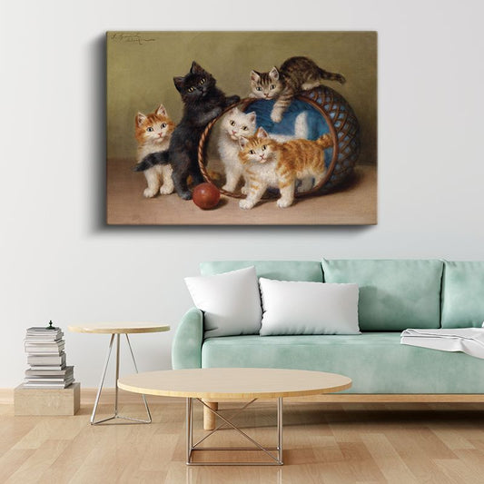 Henriette Ronner-Knip - Sepetteki Yavru Kediler Kanvas Tablo