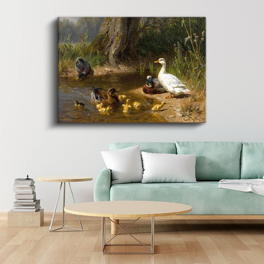 Carl Jutz - Göl Kenarında Ördekler ve Yavruları Kanvas Tablo