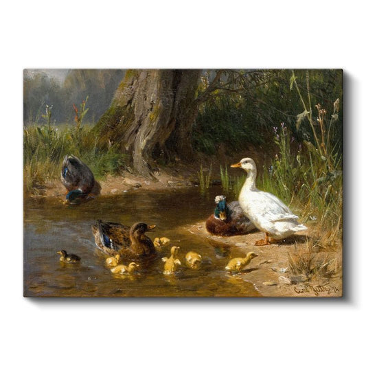 Carl Jutz - Göl Kenarında Ördekler ve Yavruları Kanvas Tablo